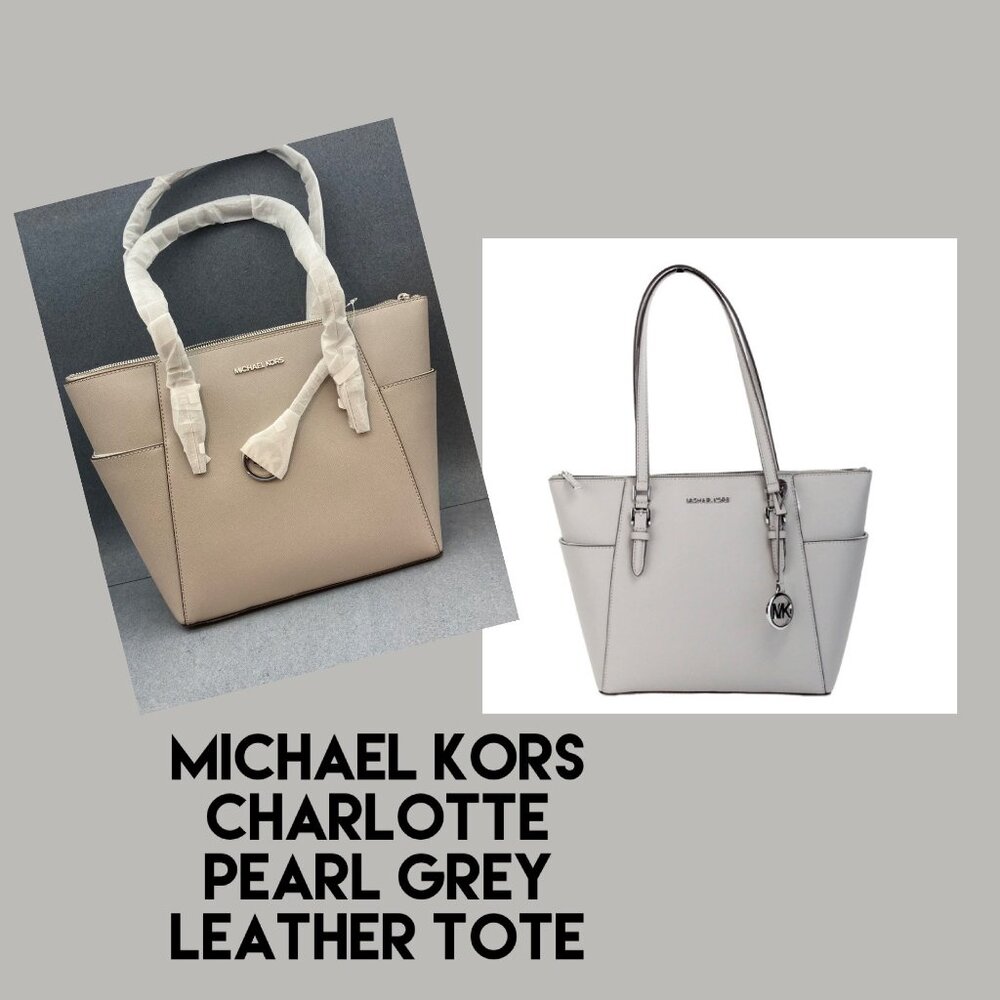 Michael Kors Tote Bag Charlotte Pearl Grey Leather Silver NWT Purse Handbag